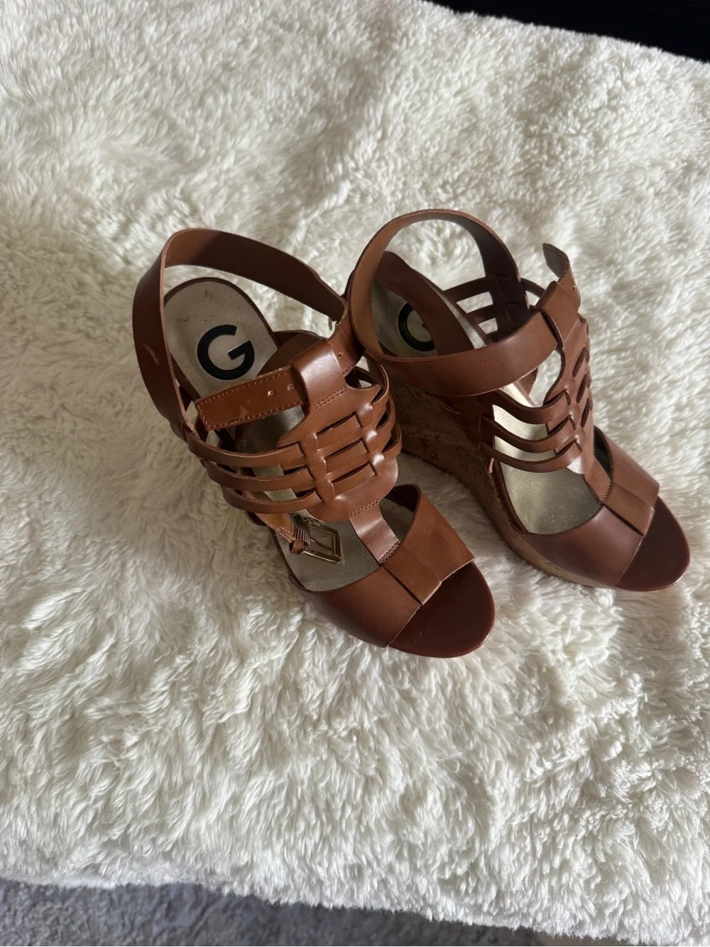 Guess Brown Woven Leather Cork Platform Wedge Sandals